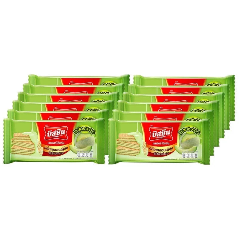 Bissin Wafer Melon Sachets 24g, dry grocery snack with melon flavor, shown in a close-up image of the packaging.