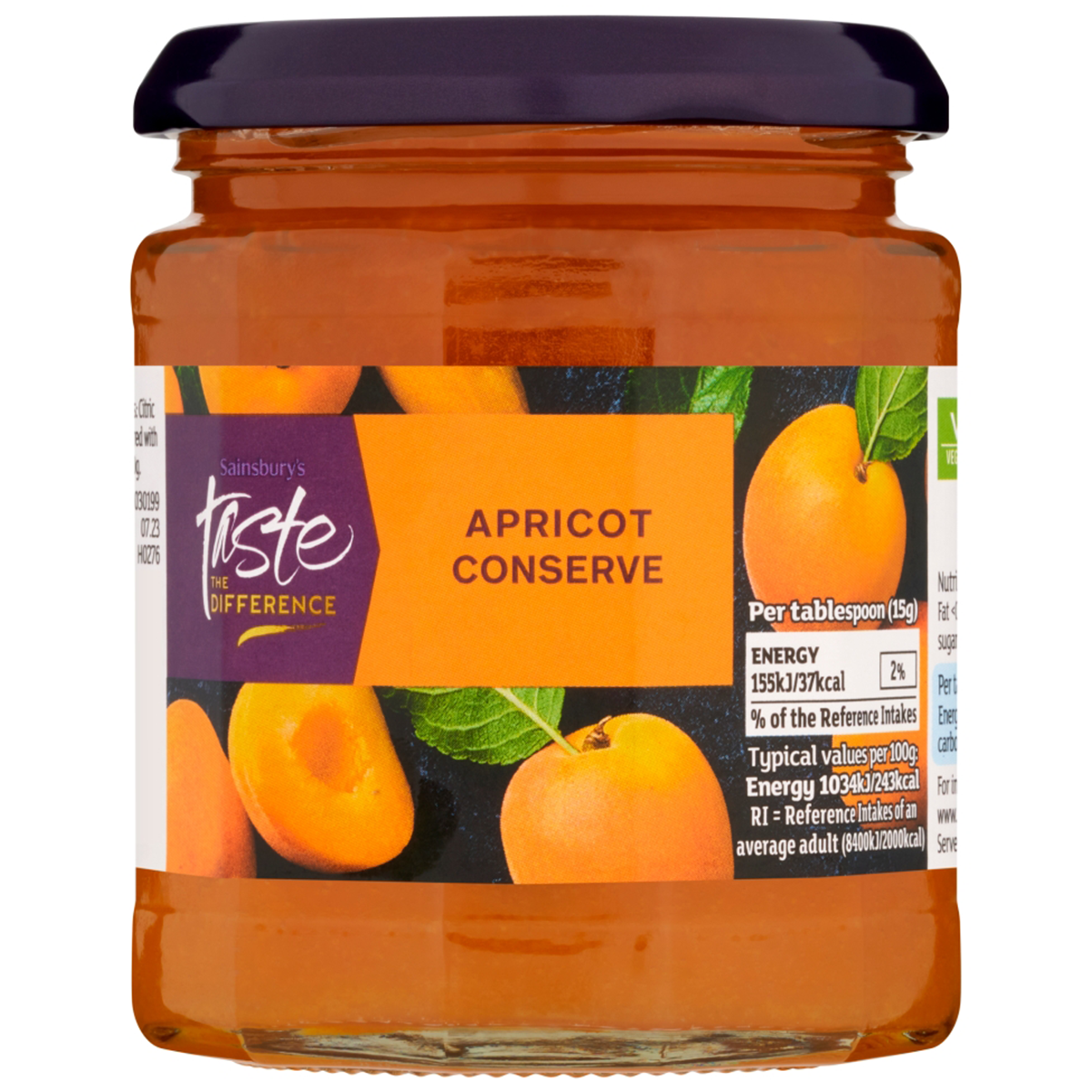 Jar of Sainsbury's Taste The Difference apricot conserve with golden apricots and rich jam texture, perfect for spreading or baking.