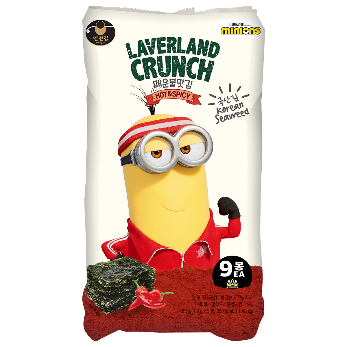 Manjun Laverland Crunch Hot & Spicy confectionery snacks showing crispy, spicy seaweed snack pieces in a clear bowl.