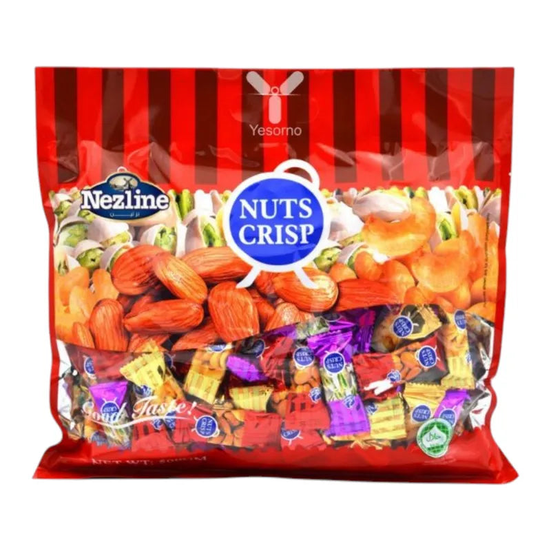Nezline Nuts Crisp snack, crunchy confectionery with mixed nuts and caramel, in a clear packaging.