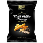 Snips Potato Sticks with black truffle and Parmesan flavor, showing crispy snack sticks coated with seasoning.