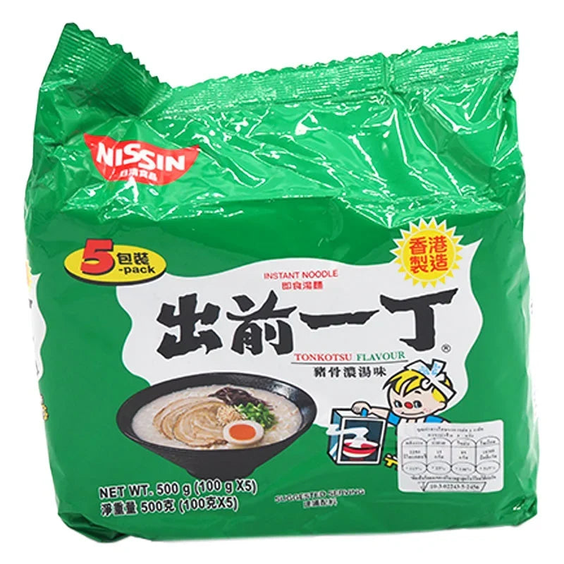 Nissin Ramen Tonkotsu 100g dry instant noodle package with Japanese-style tonkotsu flavor and branding on the packaging