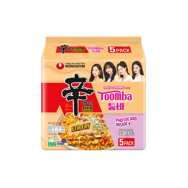 Nongshim Toomba Shin Ramyun stir-fry noodles in a bowl with vegetables, showcasing the dry grocery product by NONGSHIM.