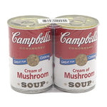 Two cans of Campbell's Mushroom Cream Soup 298g, dry grocery product with creamy mushroom soup in labeled cans.