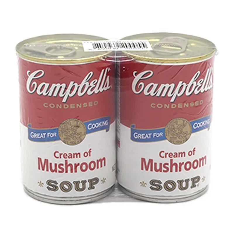 Two cans of Campbell's Mushroom Cream Soup 298g, dry grocery product with creamy mushroom soup in labeled cans.
