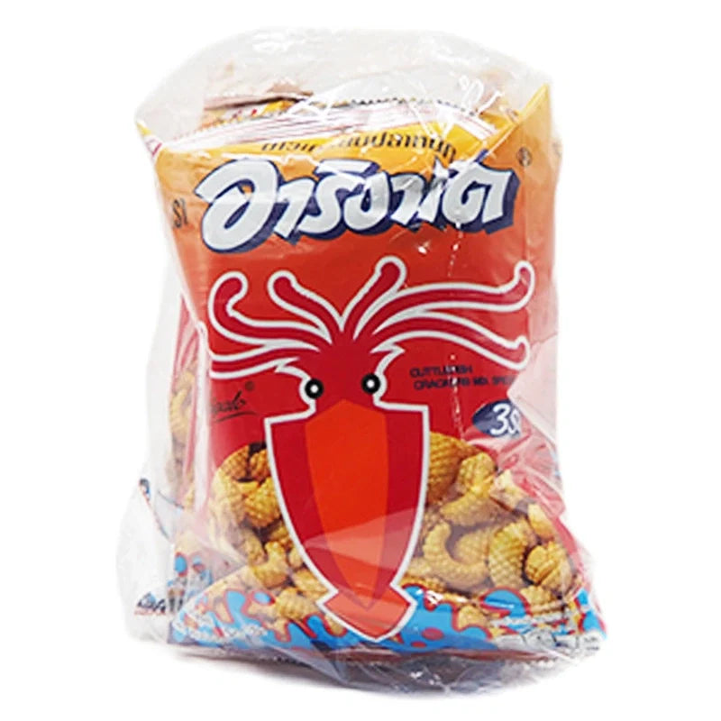 Arigato Cuttlefish Crackers 65g, three packs of dry snack seafood crackers, shown in a clear image.