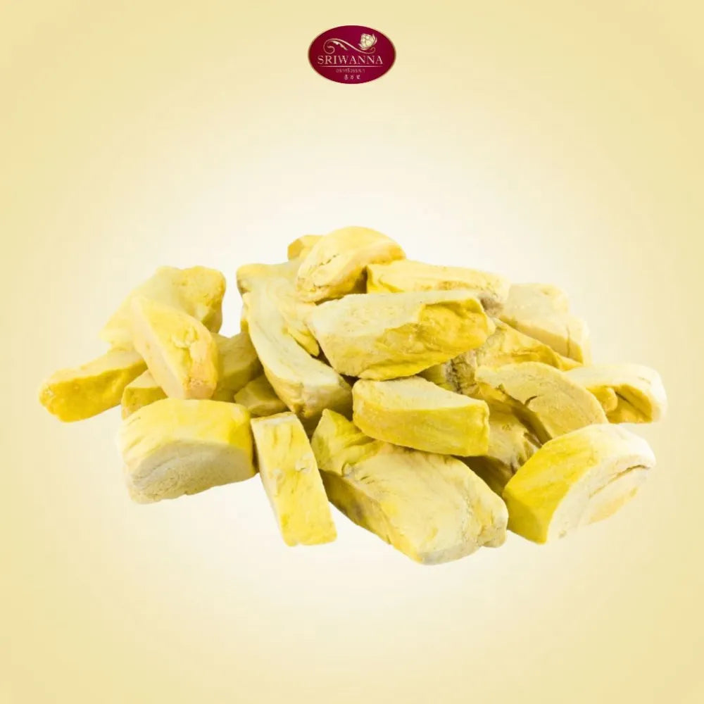 Sriwanna Freeze Dried Crispy Durian Monthong 40g, packaged snack with golden dried durian slices, crispy and flavorful.