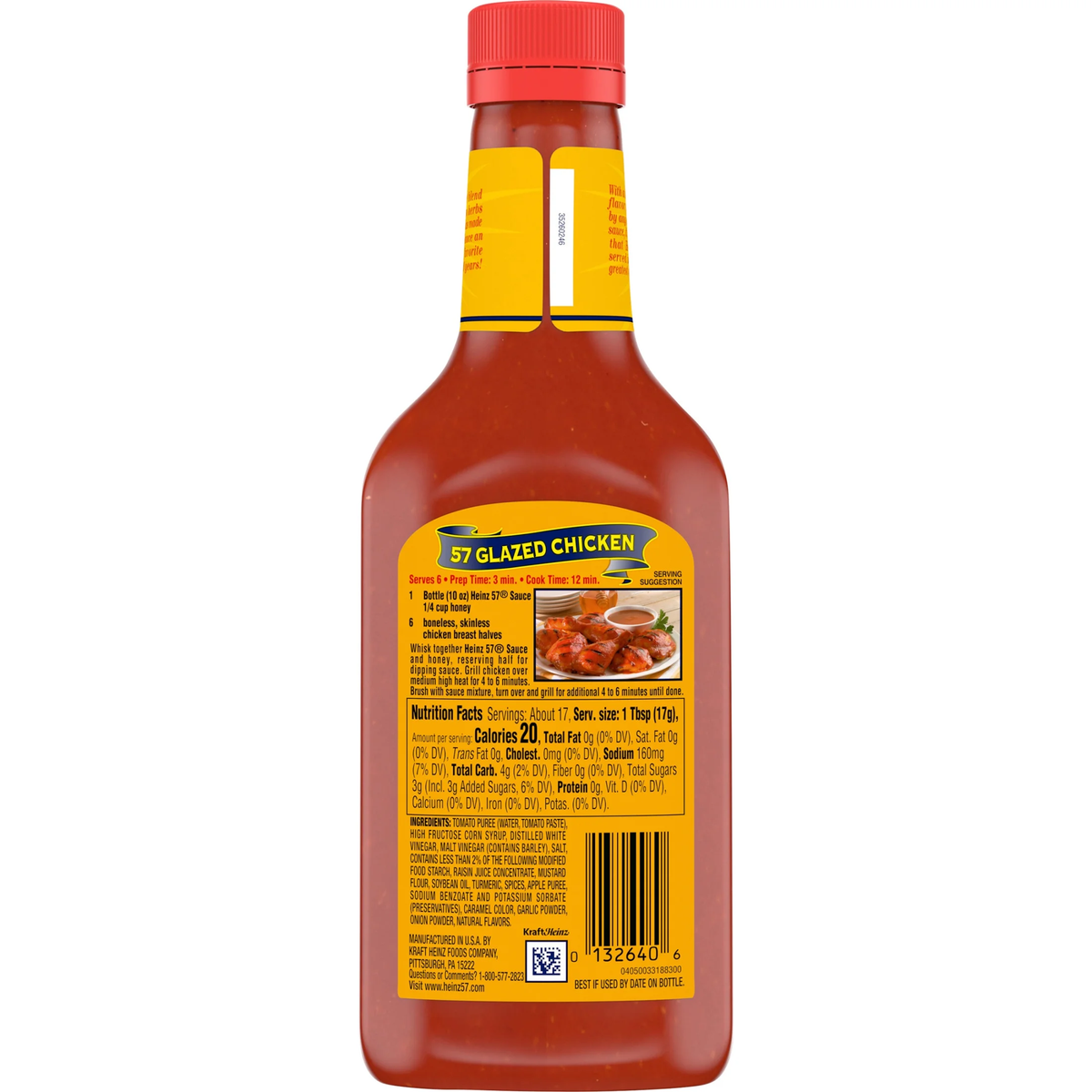 Heinz 57 Sauce bottle from grocery aisle, showing the classic label and red cap, used for flavorful meat and vegetable dishes.