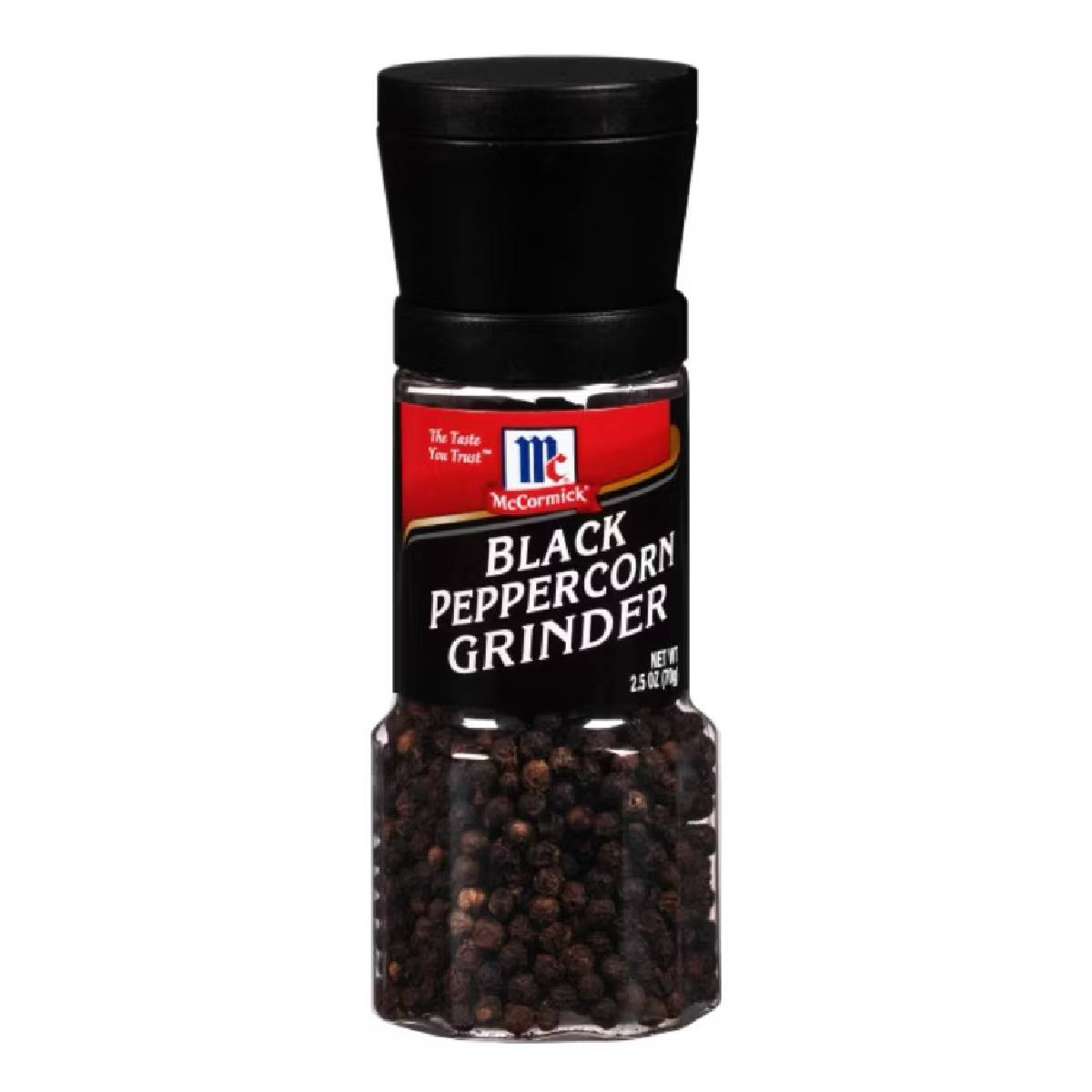 McCormick Black Peppercorn Grinder with fresh black peppercorns visible inside, for seasoning and cooking.