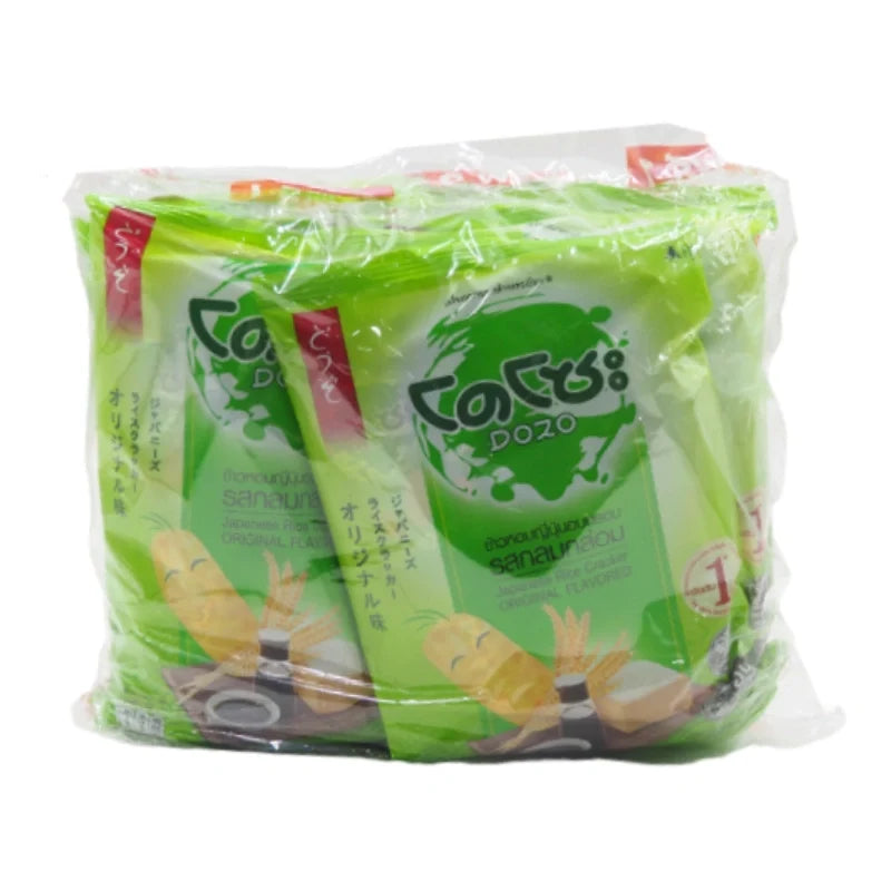 Dozo Japanese rice crackers in a 56g pack, displayed in a box of six, traditional dry snack from Japanese confectionery.