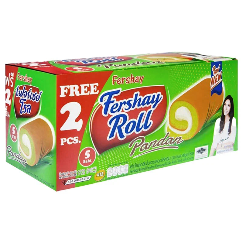 Fershay Pandan Flavored Cake Roll with Cream, 20g x12, a dry grocery snack featuring pandan-flavored sponge and creamy filling.