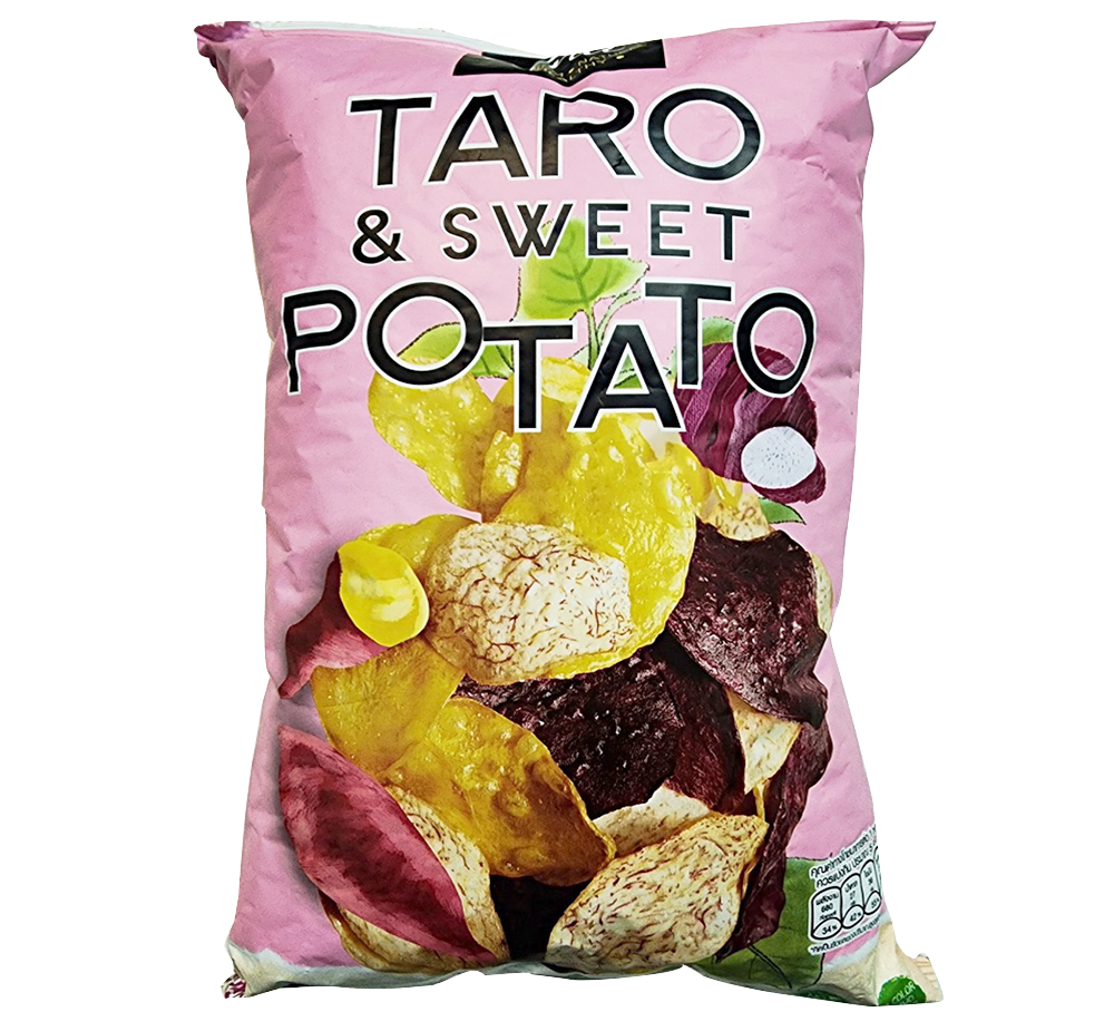 Anna Taro and sweet potato chips mixed, confectionery snacks in a colorful bag with crispy, golden chips and taro and sweet potato flavors.