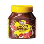Nims chocolate spread jar from dry grocery section, creamy chocolate spread with smooth texture and rich flavor.