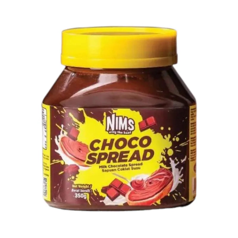 Nims chocolate spread jar from dry grocery section, creamy chocolate spread with smooth texture and rich flavor.