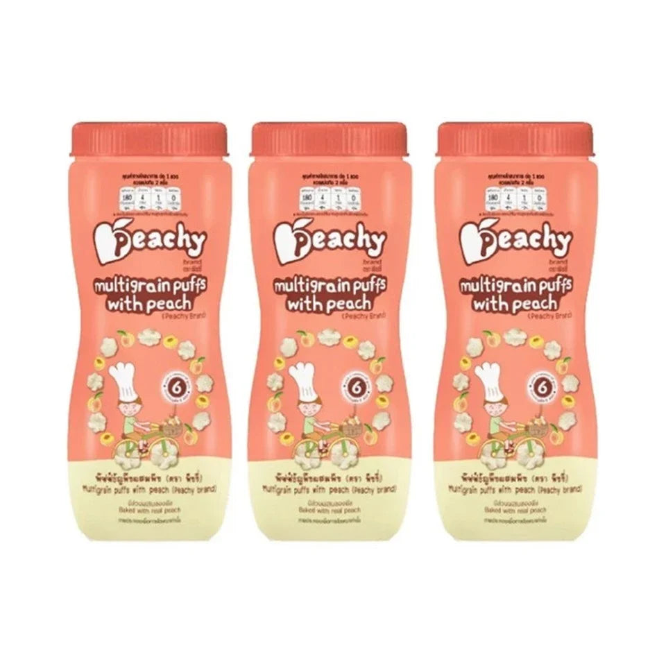 Peachy brand cereal puff snack jars, 3 pack with 1 free, dry grocery snack selection, featuring colorful puffed cereal confections.