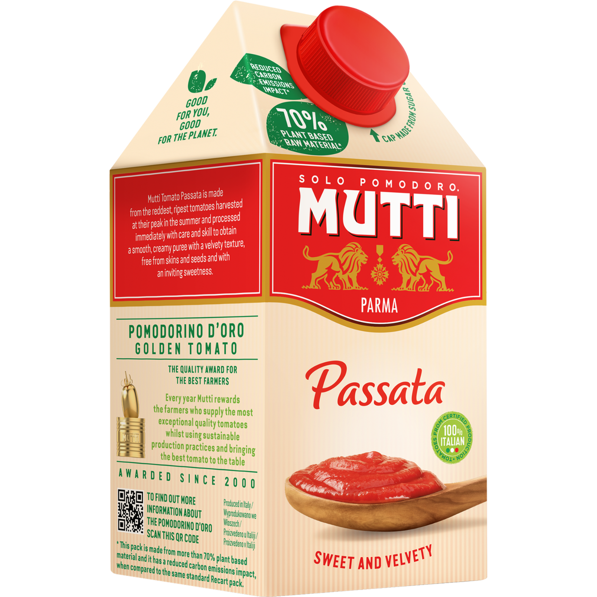 Cans of Mutti Tomato Puree in a grocery store, showcasing the product's label and packaging.
