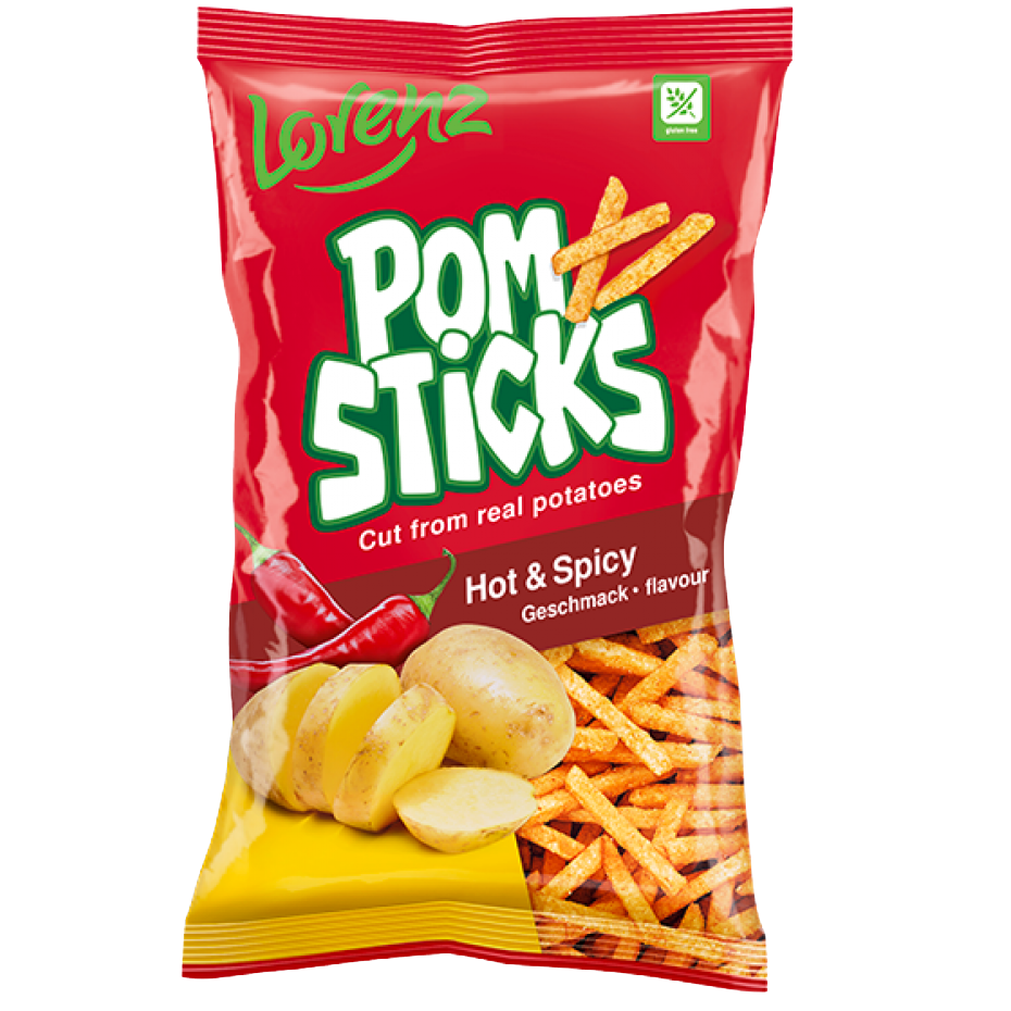 Lorenz Pomsticks Hot & Spicy confectionery snacks in a colorful bag, showcasing crunchy, spicy flavored snack sticks.