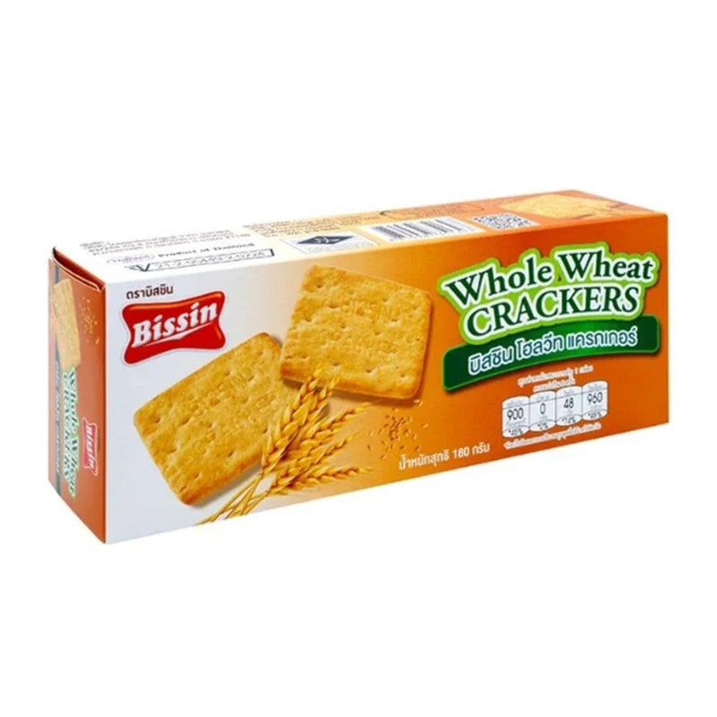 BISSIN Whole Wheat Crackers 180g in a clear package, showing crispy, round whole wheat crackers for dry grocery use