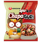 Nongshim Chapaguri instant noodle package with steaming bowl of spicy ramen and beef broth, ready to enjoy.