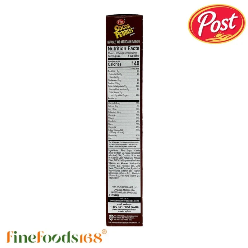 Post Cocoa Pebbles cereal box, 311g, dry grocery product with colorful cereal and chocolate flavor on the packaging.