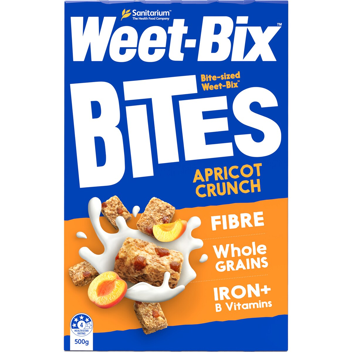 Sanitarium Weet Bix Bites Apricot breakfast cereal in a bowl with dried apricots, showcasing the healthy grain snack image.