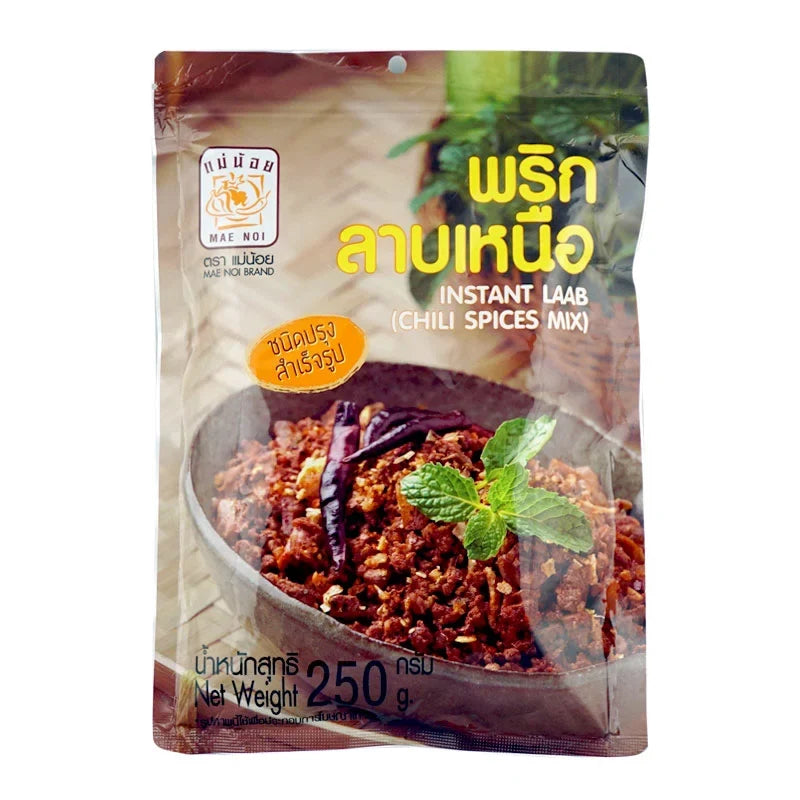 MAE NOI Instant Laab Chili Spices Mix in 250g package, dry grocery product with vibrant chili and spice blend for Thai-style dishes