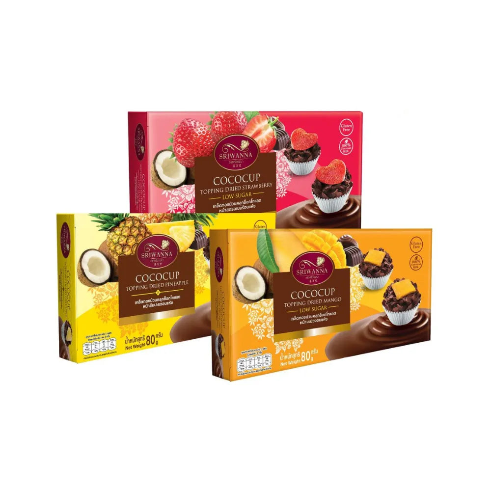 Sriwanna Cococup crispy chocolate coconut topping in an 80g snack packet, featuring chocolate and coconut confectionery.