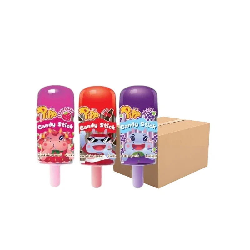 Pipp Pipp assorted flavor candy sticks in strawberry, grape, and cola, colorful dry snack confectionery on a white background.