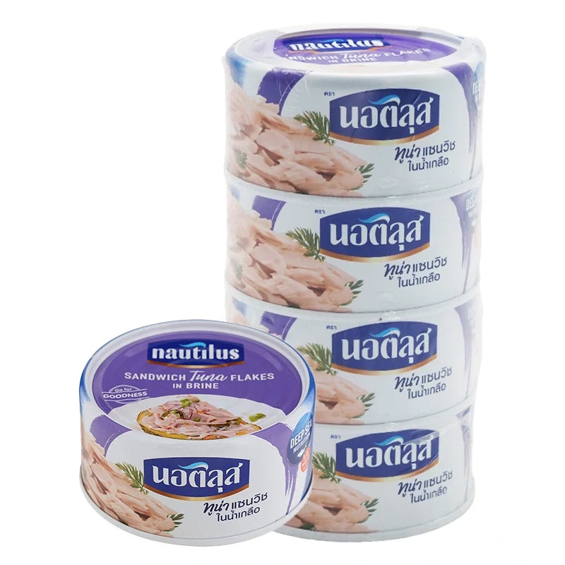 Canned Nautilus Tuna Sandwich in brine, 170g, showing the can with label and tuna inside, part of a four-pack.