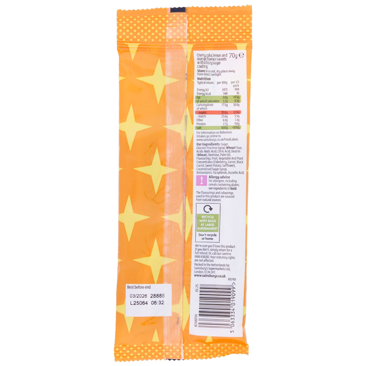 Sainsbury's Fizzy Soda Pop Straws, colorful confectionery snack with fizzy soda flavor and striped design on the straws.