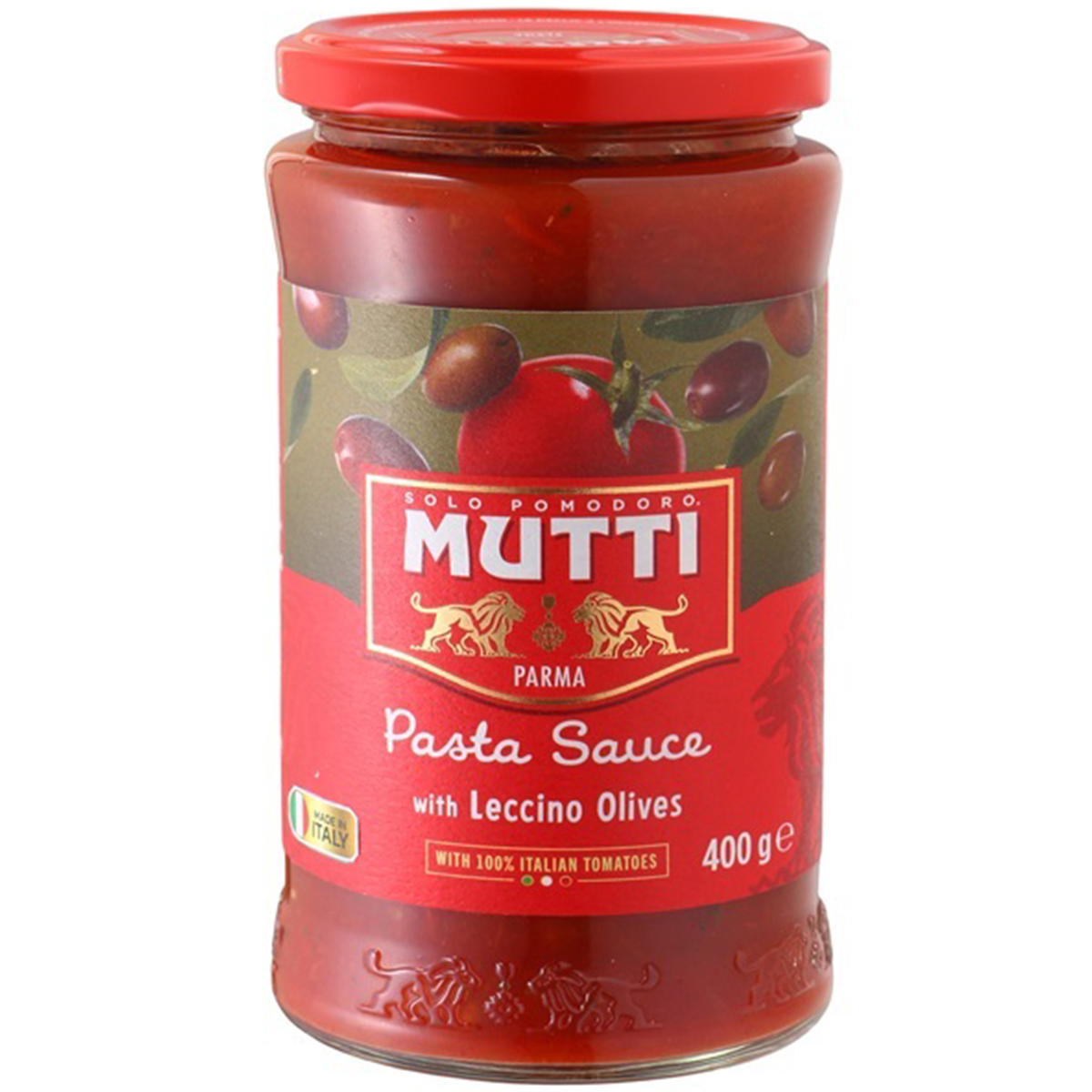 Jar of Mutti pasta sauce with olives, featuring a label with olives and tomatoes, on a white background.