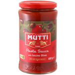 Jar of Mutti pasta sauce with olives, featuring a label with olives and tomatoes, on a white background.
