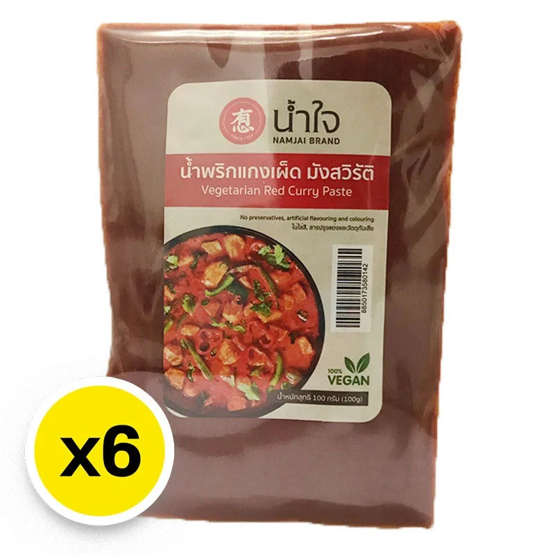 Namjai Red Curry Paste 100g package, traditional Thai dry grocery product, shown in a clear, close-up image highlighting the packaging.