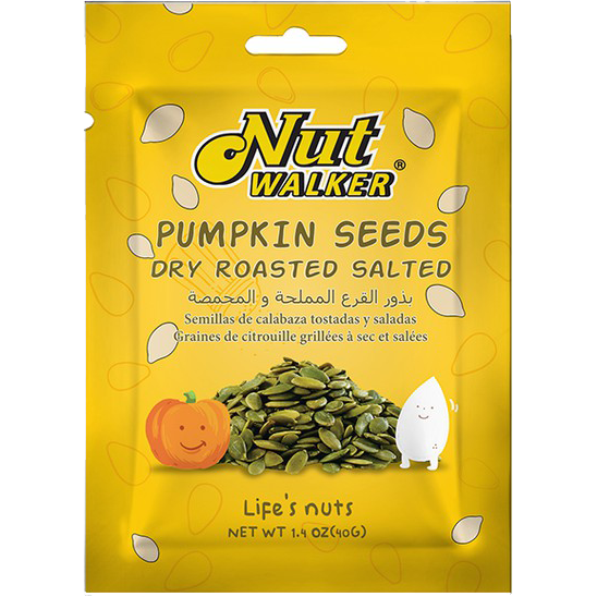 Dry roasted salted pumpkin seeds from Nut Walker, a crunchy confectionery snack with a savory flavor.