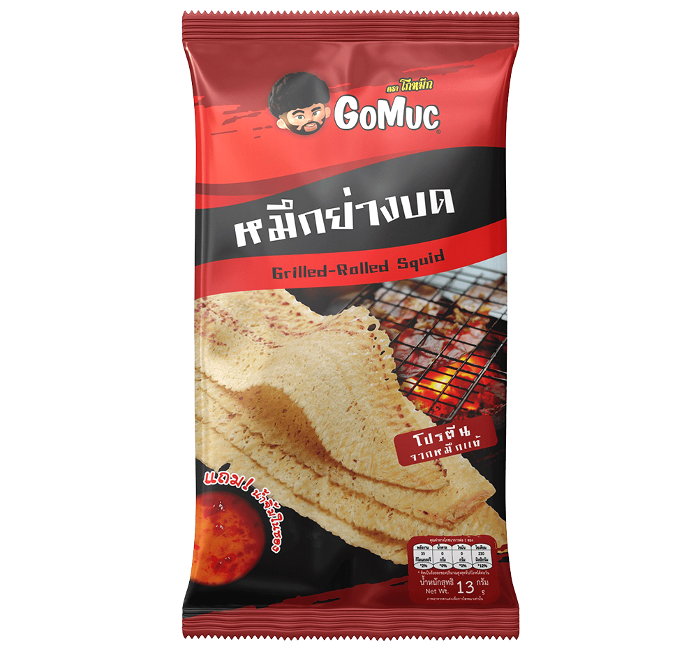 Gomuc Grilled Rolled Squid confectionery snack in a clear package, showcasing the dried, grilled squid rolls.