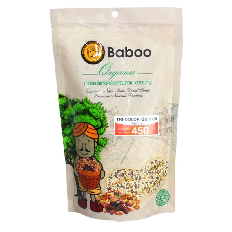 Bag of BABOO Baboo Tri-Color Quinoa 450g dry grocery product, featuring colorful uncooked quinoa grains.