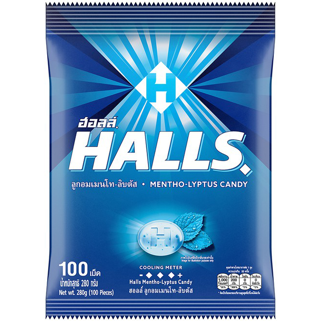 Halls Mentho-Lyptus candy in a wrapper, showcasing the classic confectionery snack with menthol and eucalyptus flavor.