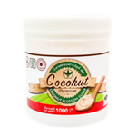 Cocohut Pure Coconut Blossom Sugar in a clear jar, showing golden coconut sugar crystals on a white background.