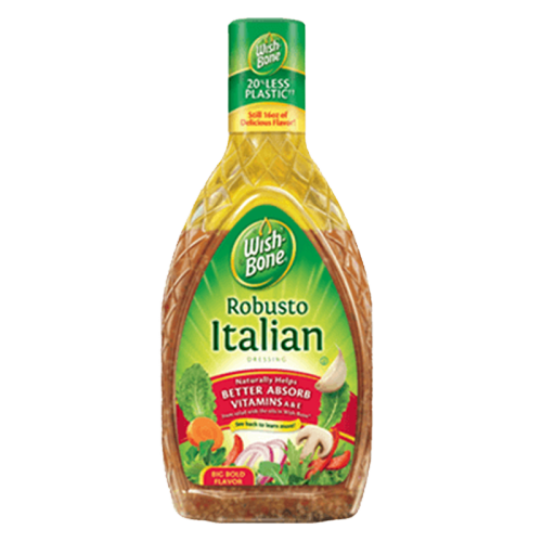 Wish Bone Zesty Robusto Italian Dressing bottle, grocery product with a label showcasing Italian herbs and zesty flavor.