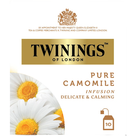 Twining's Pure Camomile drink in a glass, showcasing a light herbal tea with chamomile flowers and a refreshing appearance.