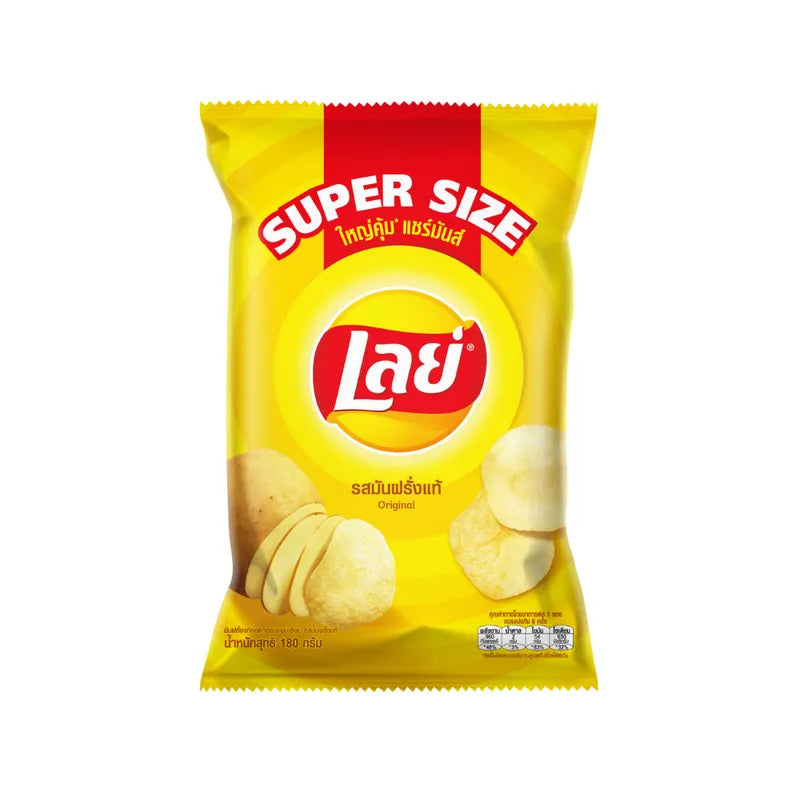 LAYS Classic Salt snacks in 180g package, stacked in a box, showing crispy potato chips with salt seasoning.