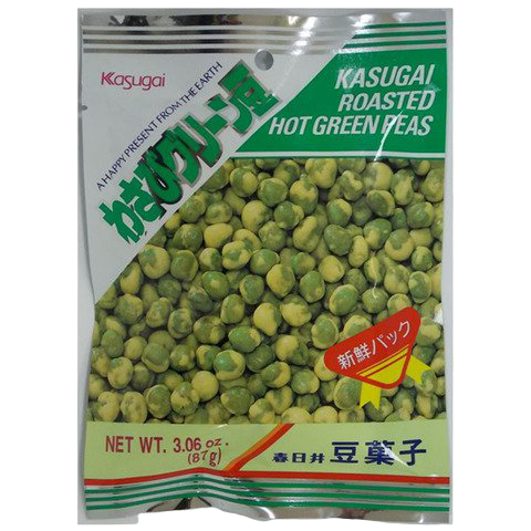 Kasugai roasted hot green peas with wasabi flavor, crunchy Japanese confectionery snack in a colorful package.