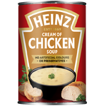 Heinz Cream of Chicken Soup in a can, showcasing the label with brand and product details.