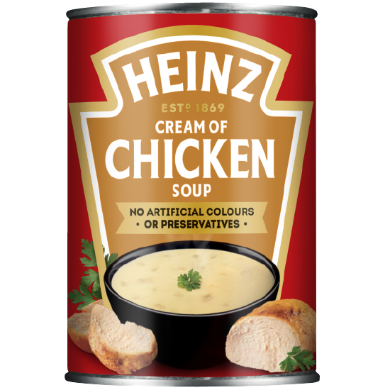 Heinz Cream of Chicken Soup in a can, showcasing the label with brand and product details.