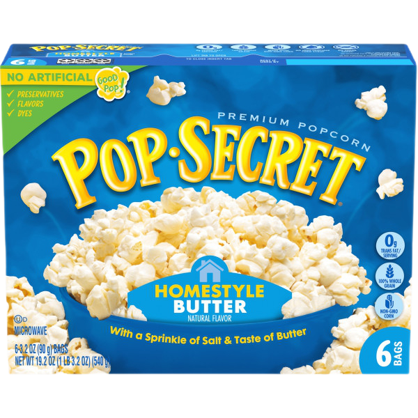 Pop Secret Home Style Butter Popcorn in a bowl, showcasing golden, buttery popcorn as a tasty confectionery snack.