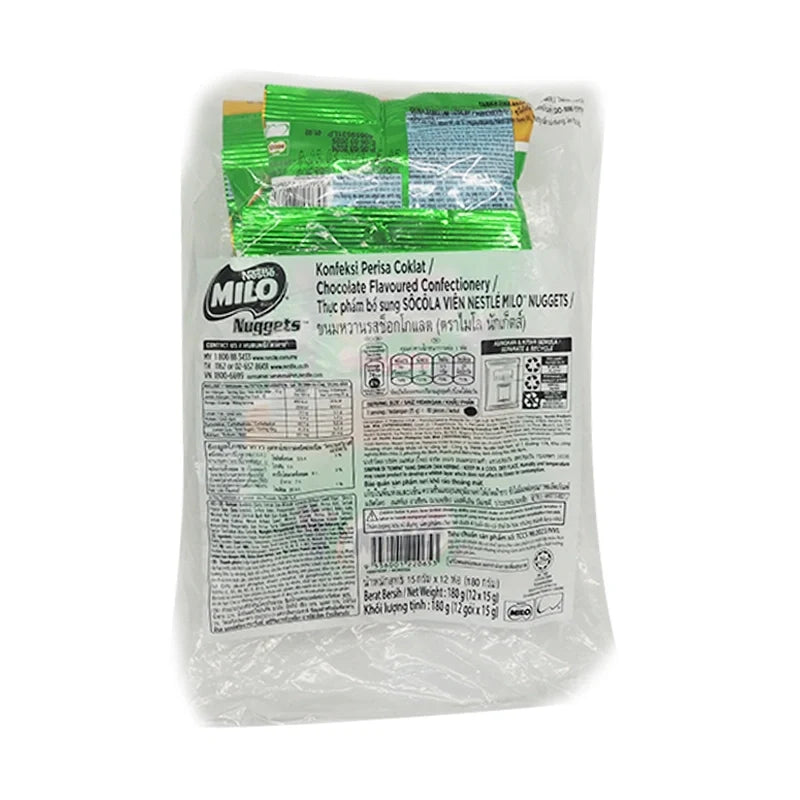 MILO Nuggets Hanging 15g snack pack, dry grocery confectionery with chocolate-flavored Milo nuggets in a hanging bag.