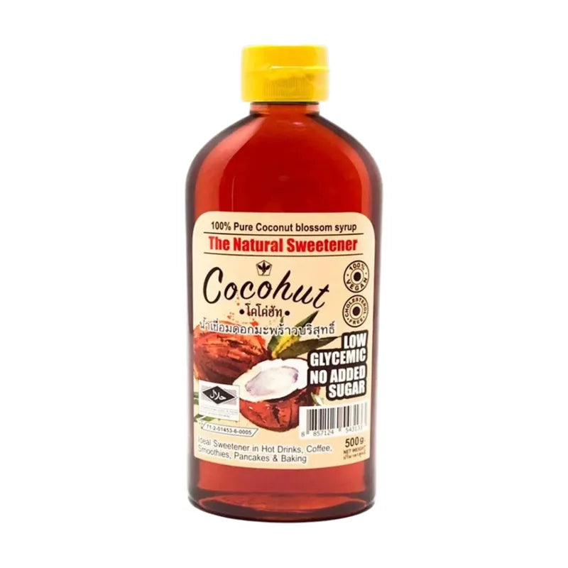 Cocohut Syrup in 500g bottle, a dry grocery product, with a label featuring coconut and syrup imagery.