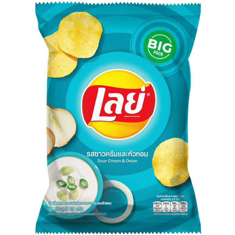 Lay's Classic Sour Cream & Chives flavored potato chips in a colorful bag, showcasing the snack's packaging with branding.