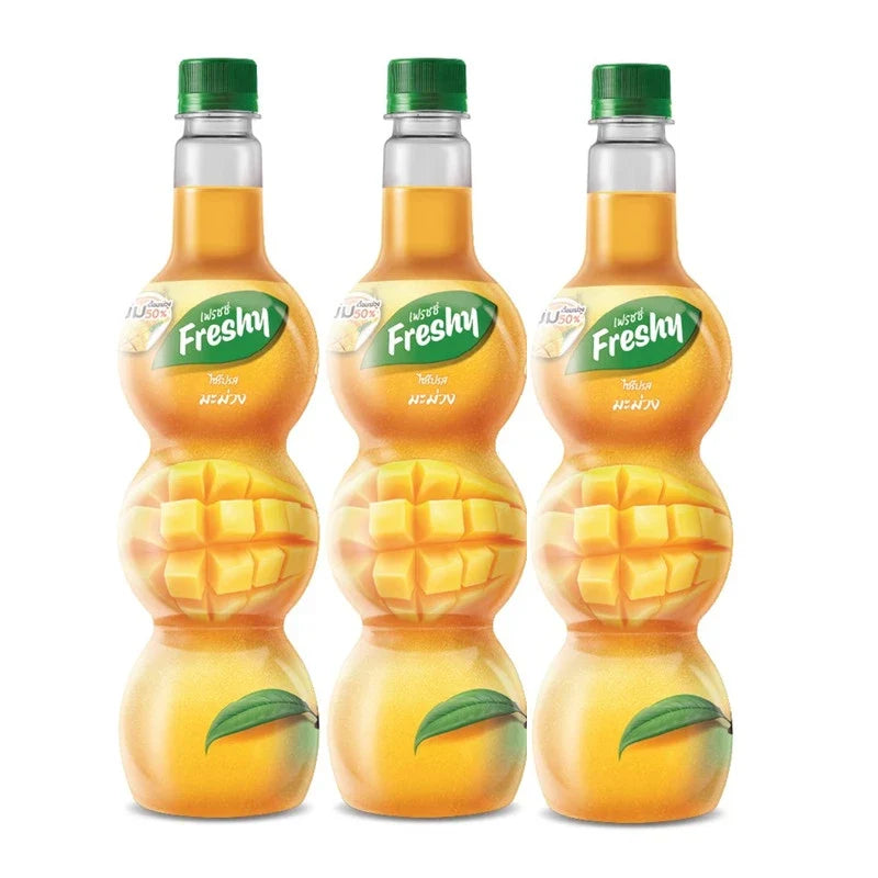 FRESHY Mango Syrup 710ml, set of 3 bottles, ideal for dry grocery use, featuring vibrant mango flavor and clear packaging.