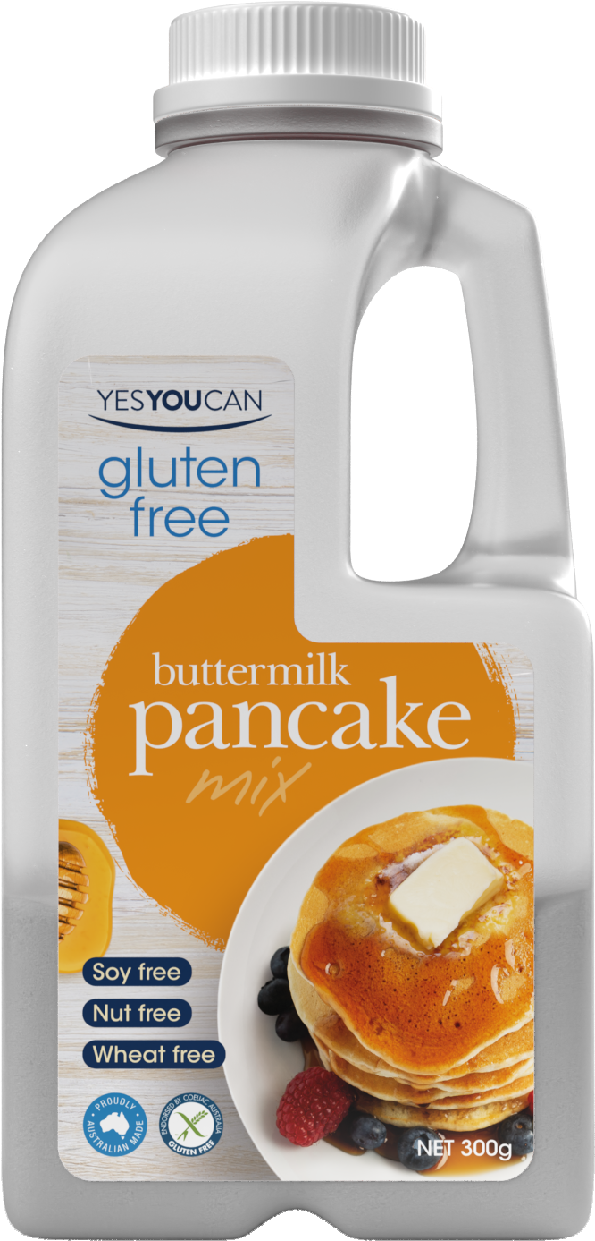 Yes You Can Butter Milk Pancake in a bowl, showcasing a healthy grocery product with a golden pancake ready to serve.